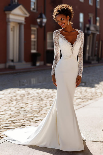 White Mermaid V-Neck Wedding Dress With Lace